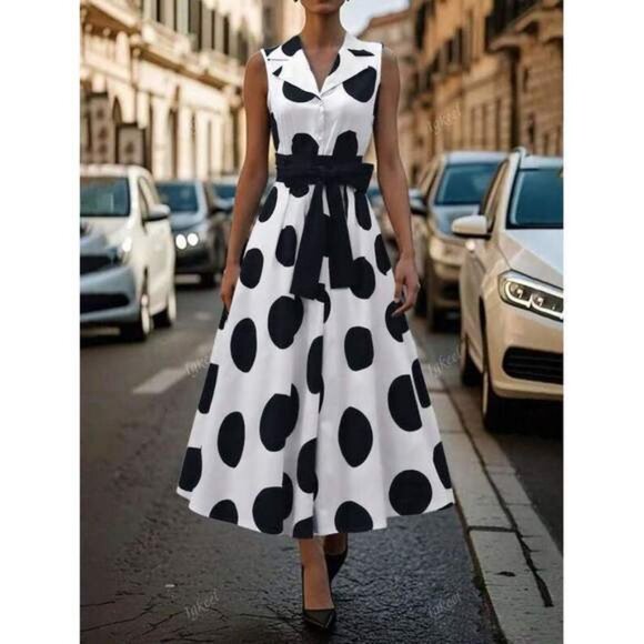 Women's Elegant V-Neck Polka Dot Contrast Color Pocket Sleeveless Casual Dress - Picture 4 of 9